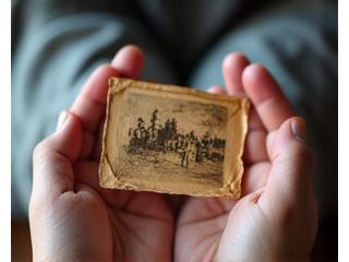Handen die een verouderde, gekreukte foto vasthouden, met een computerscherm op de achtergrond die de digitale restauratie toont