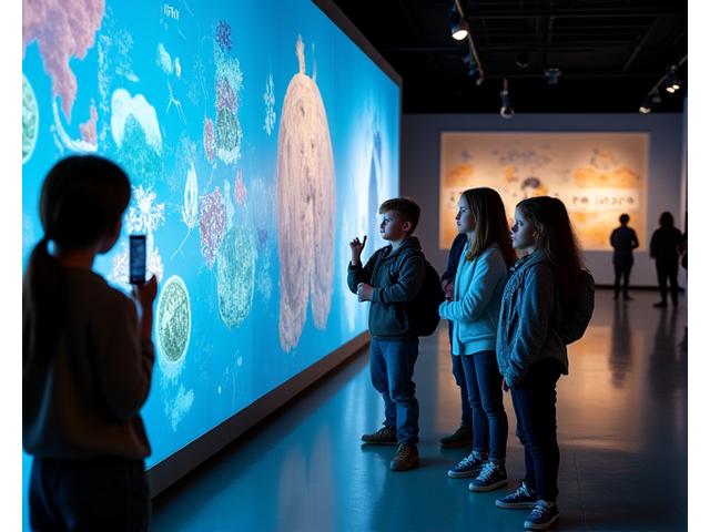 Bezoekers die interactieve installatie in een museum gebruiken, met augmented reality elementen