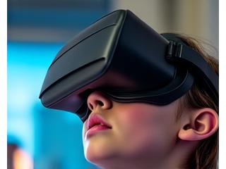 Meisje met een VR bril die een digitaal museum bezoekt