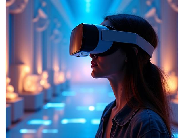 Persoon met VR-headset die een virtueel museum verkent